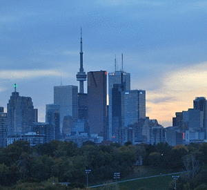 Toronto skyline at dusk from Broadview Avenue