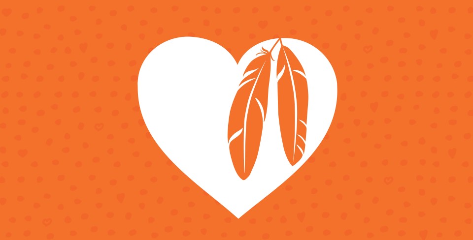 graphic of heart and feathers on orange background