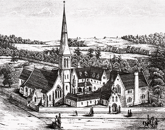 Drawing of St Basil's Church, showing fields and forest in the background