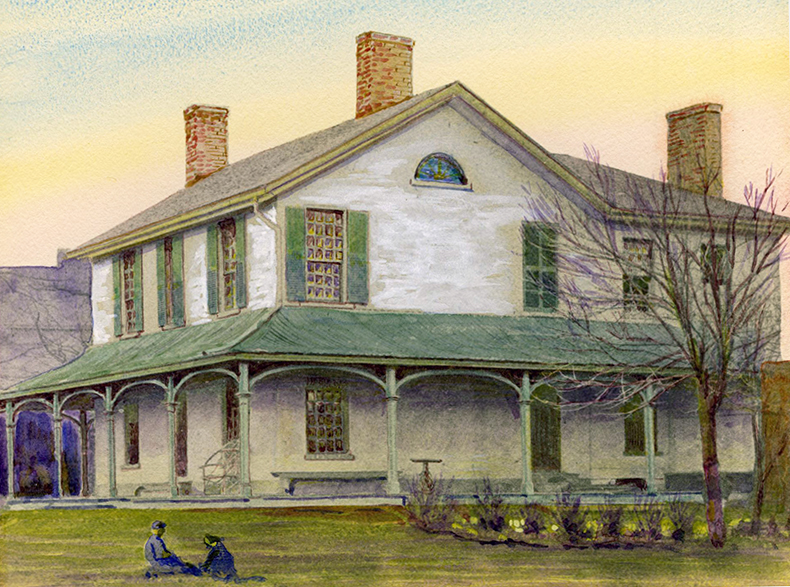 Pastel drawing of 2-storey house with veranda and green shutters