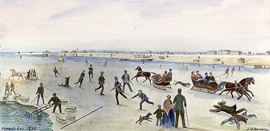 Watercolour painting of skaters at Toronto waterfront