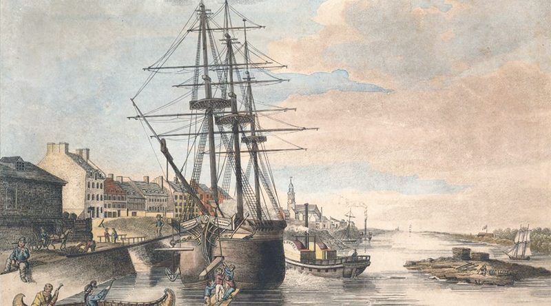 Tinted engraving of ships with a canoe in foreground.